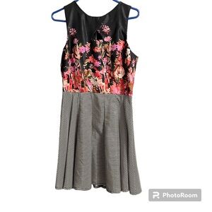 Gabby Skye Dress Floral Bodice Gold Stripe Skirt Matte Satin Sz 12